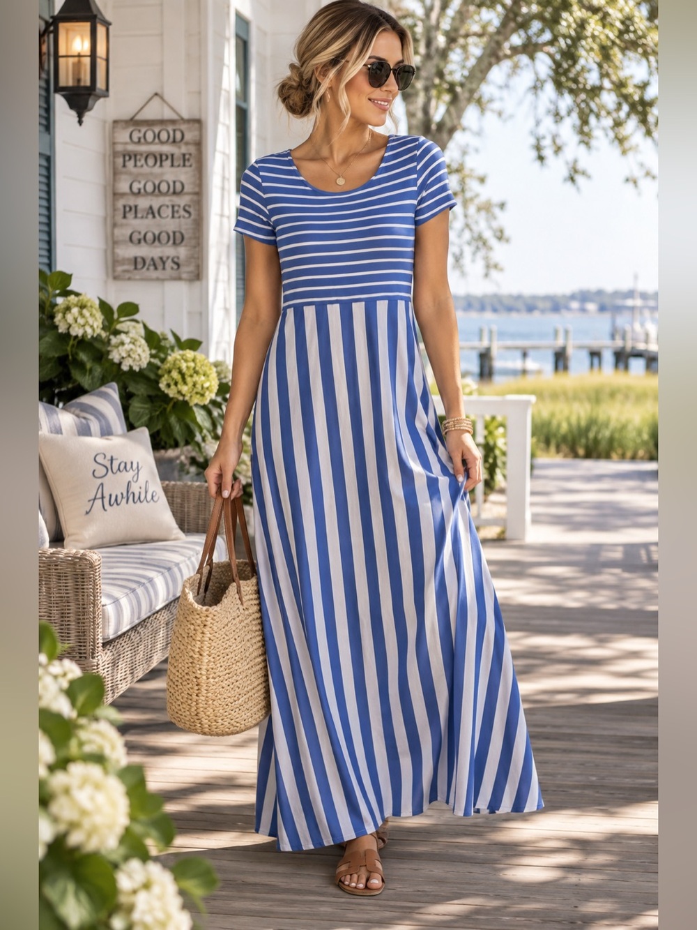 Matilda Jane The Road Ahead Blue White Striped Maxi Dress Medium Coastal